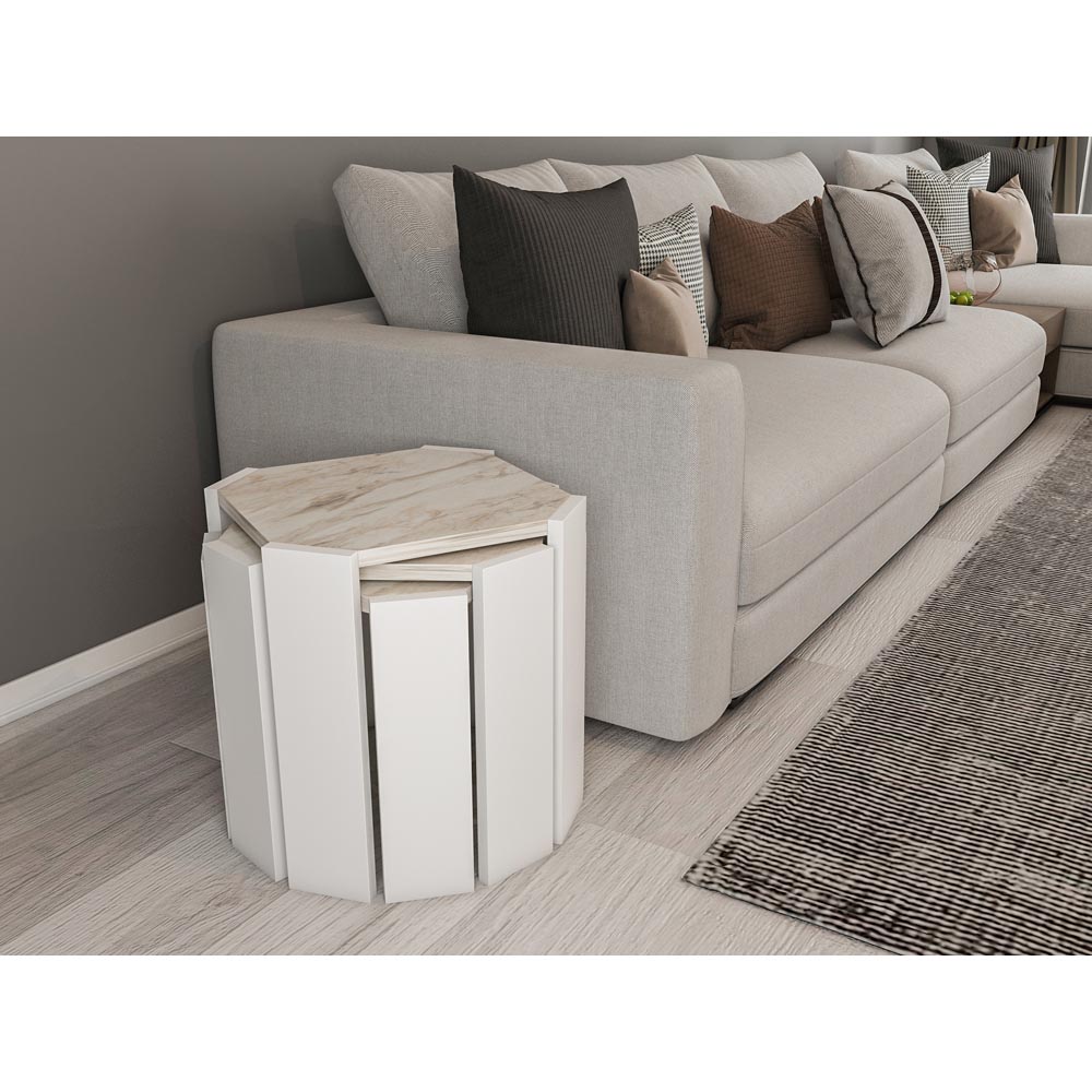 Decorotika Lori 3 Piece White Marble Nesting Coffee Table Image 3