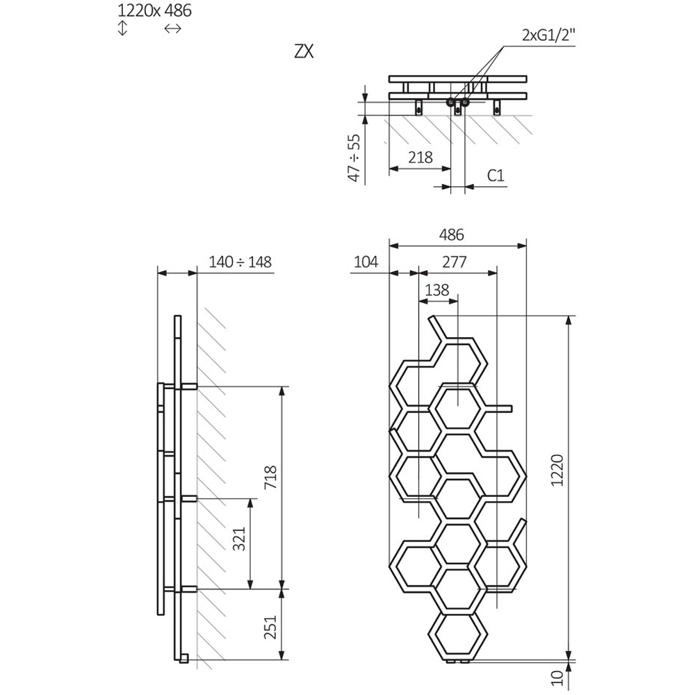 Terma Hex 1180 BTU Matt Green Radiator 1220 x 486mm Image 9