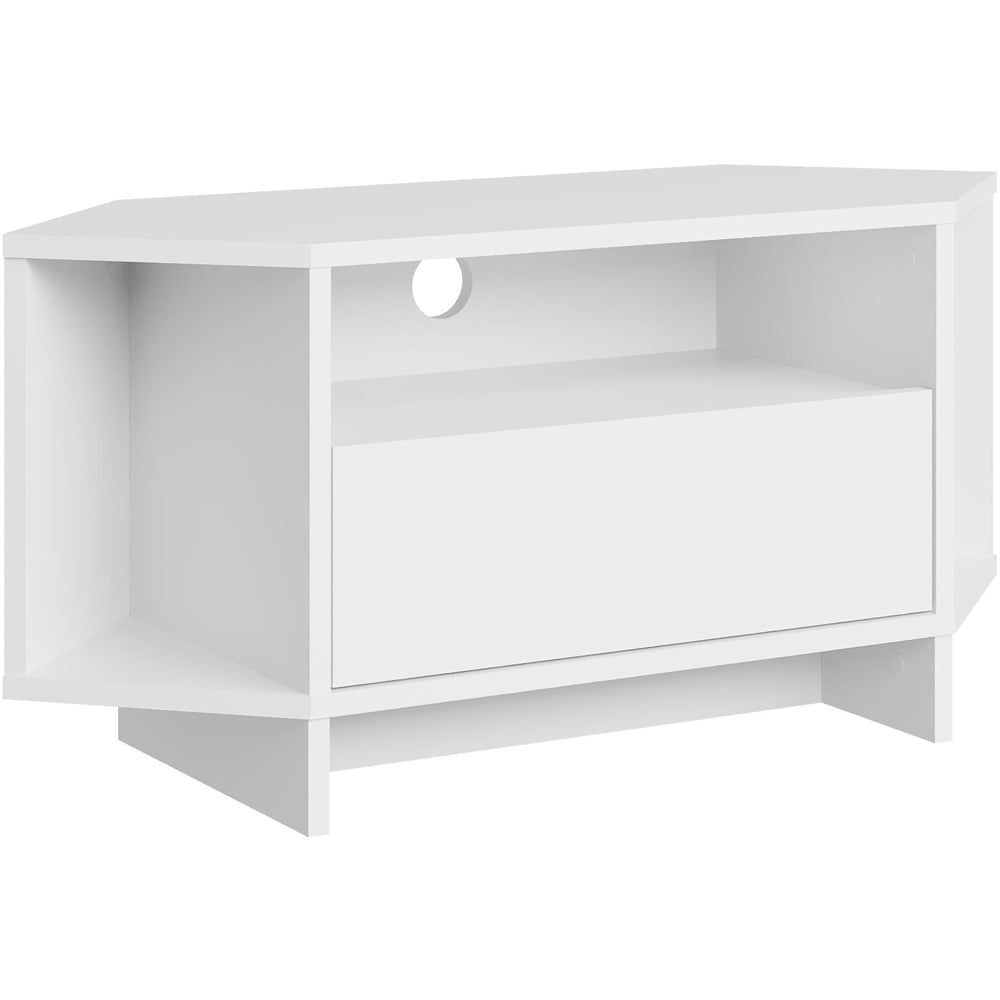 Decortie Viva 3 Shelf Single Cabinet White Finish Modern Corner TV Stand Image 2