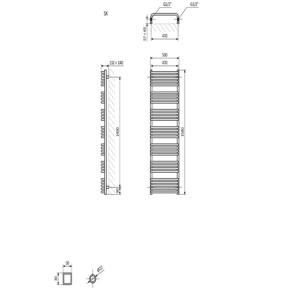 Terma Alex Brass Heated Towel Rail 1580 x 500mm Image 9