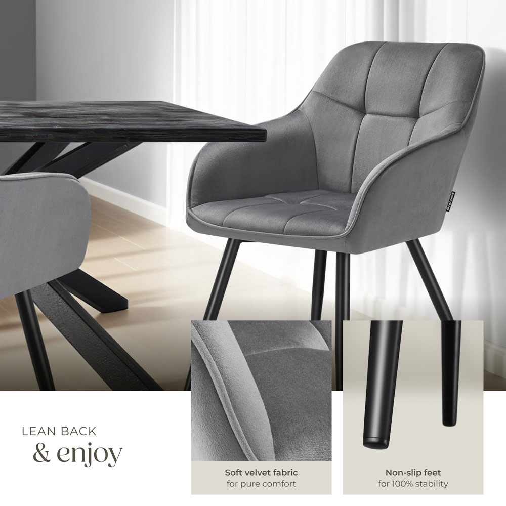 tectake Marilyn Set of 4 Grey and Black Quilted Velvet Dining Chair Image 5