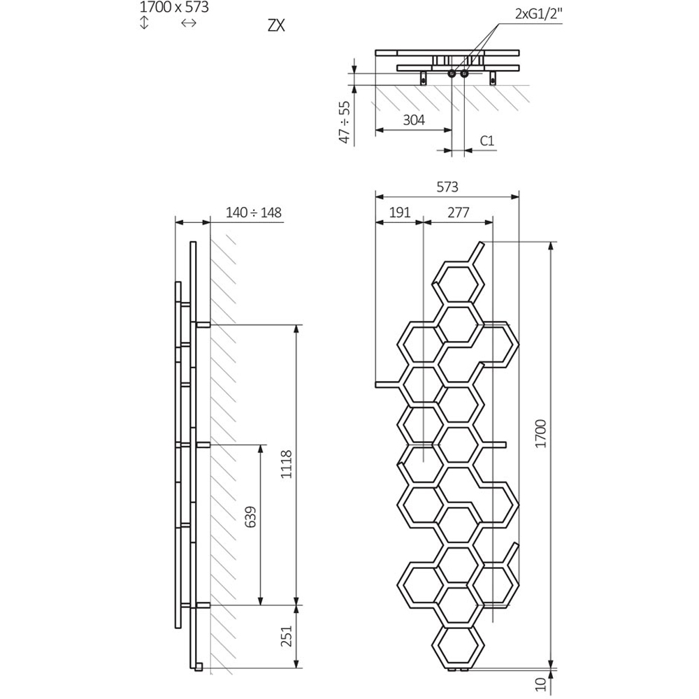 Terma Hex 1705 BTU Sparkling Grey Radiator 1700 x 573mm Image 9