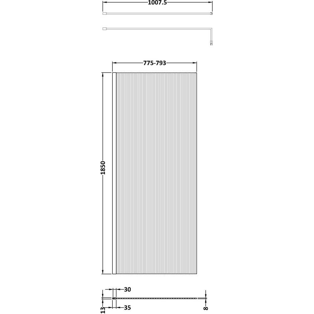 nuie Matt Black Fluted Wetroom Screen with Support Bar 1850 x 800mm Image 2