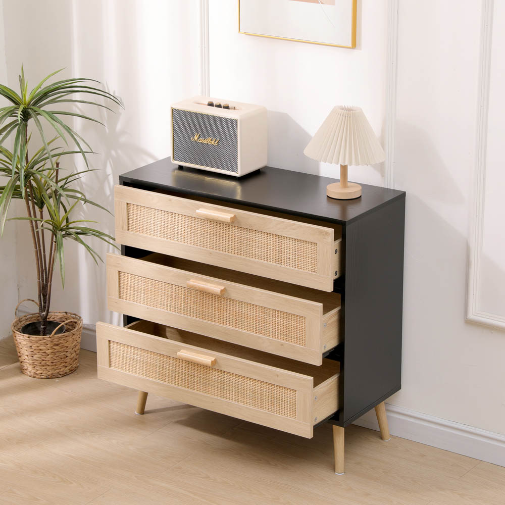 FurnitureHMD 3 Drawer Black and Natural Rattan Woven Front Wooden Chest of Drawers Image 7