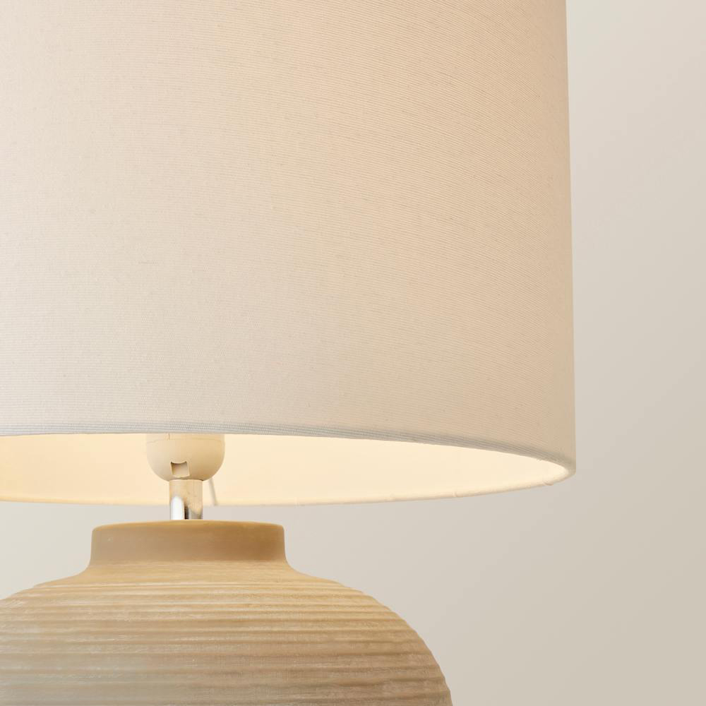 ValueLights Reid Linen Drum Lamp Shade Stone Grey Ribbed Ceramic Large LED Table Lamp Image 3