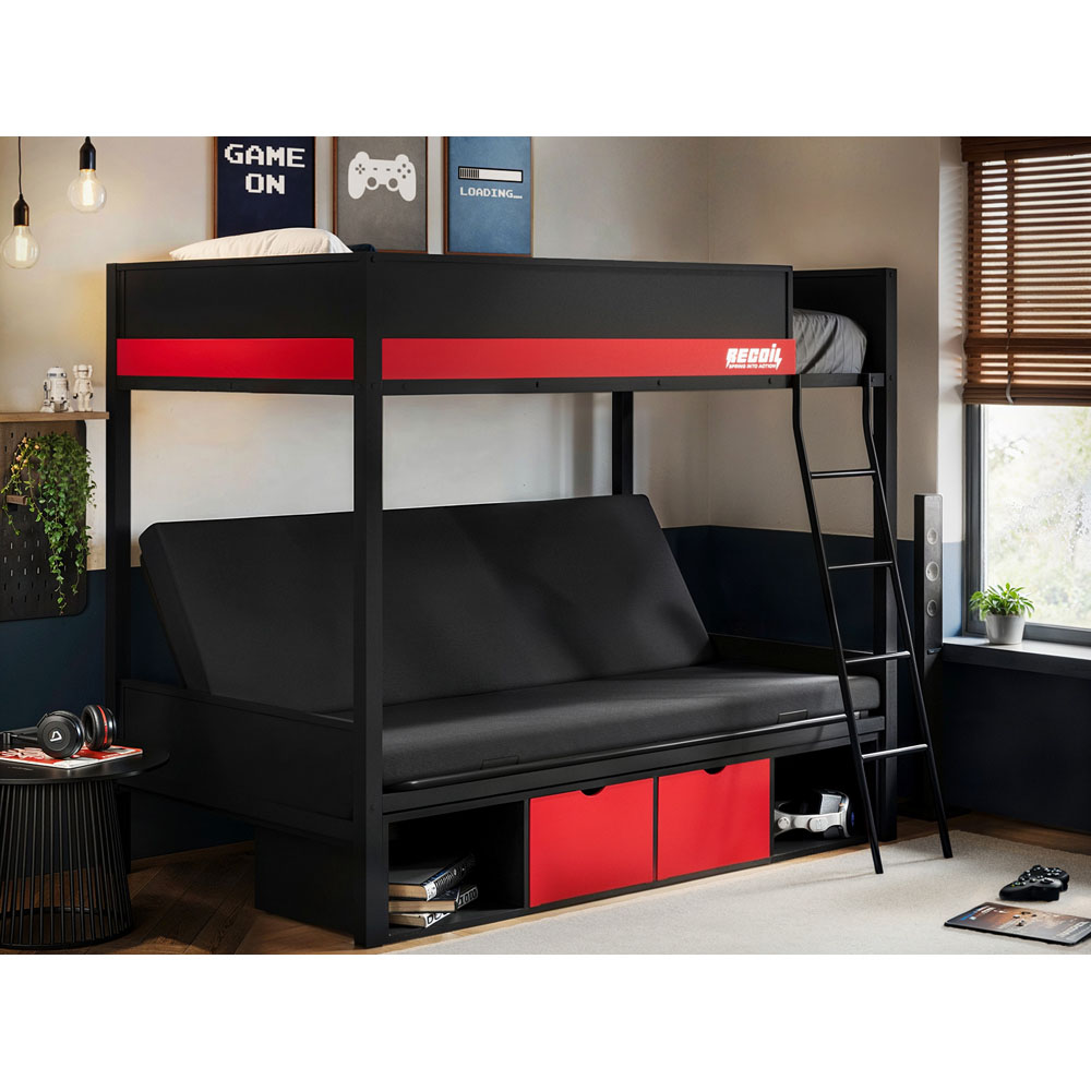 Flair Nova Black and Red Storage Gaming Metal Bunk Bed with Futon Image 6