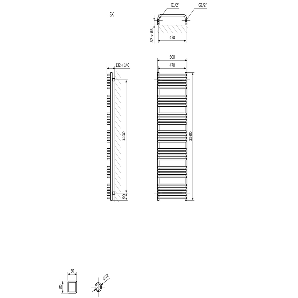 Terma Alex White Heated Towel Rail 1580 x 500mm Image 8