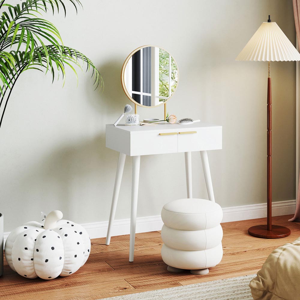 Portland 2 Drawer White Dressing Table with Round Mirror Image 6