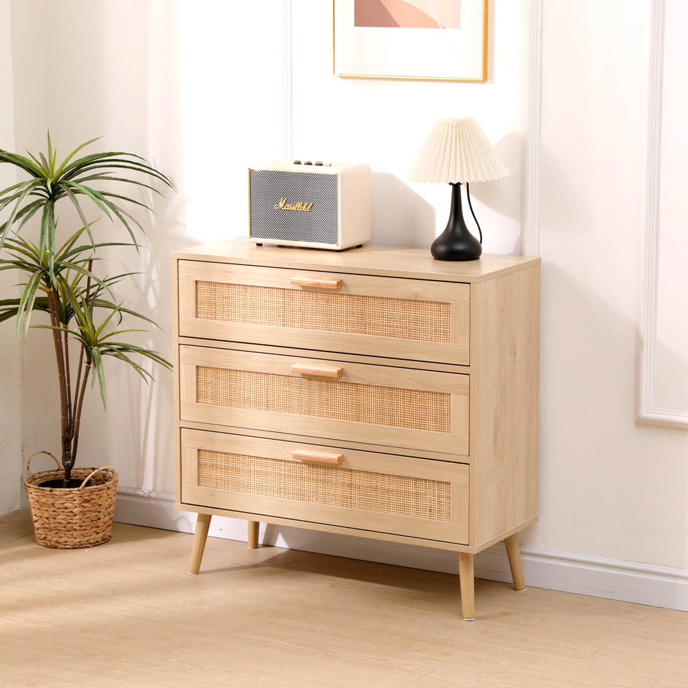 FurnitureHMD 3 Drawer Natural Rattan Woven Front Wooden Chest of Drawers Image 9