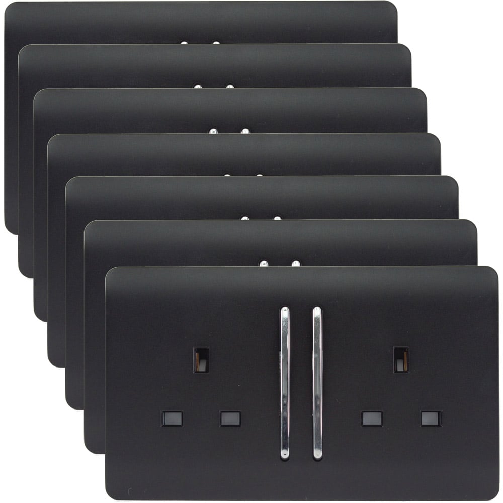 Trendi Switch 2 Gang Long Switch Matt Black Plug Socket 7 Pack Image 1
