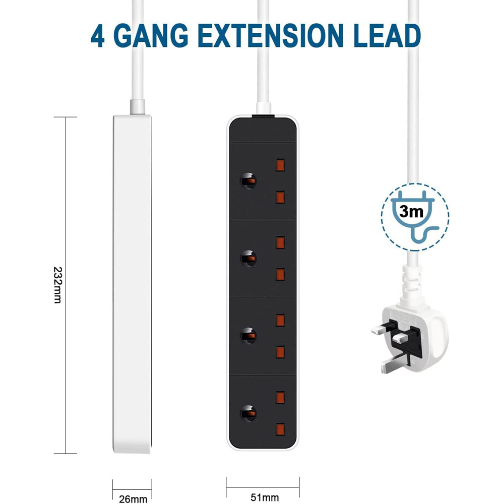 ExtraStar 13A 3m 4 Socket Black Extension Lead Image 5