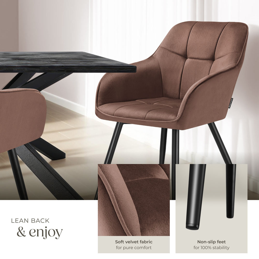 tectake Marilyn Set of 6 Brown and Black Quilted Velvet Dining Chair Image 5