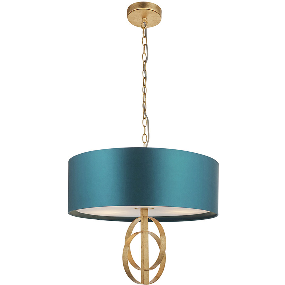 Merano Trento Antique Gold and Teal Satin Fabric 3 Light Pendant Ceiling Light Image 3