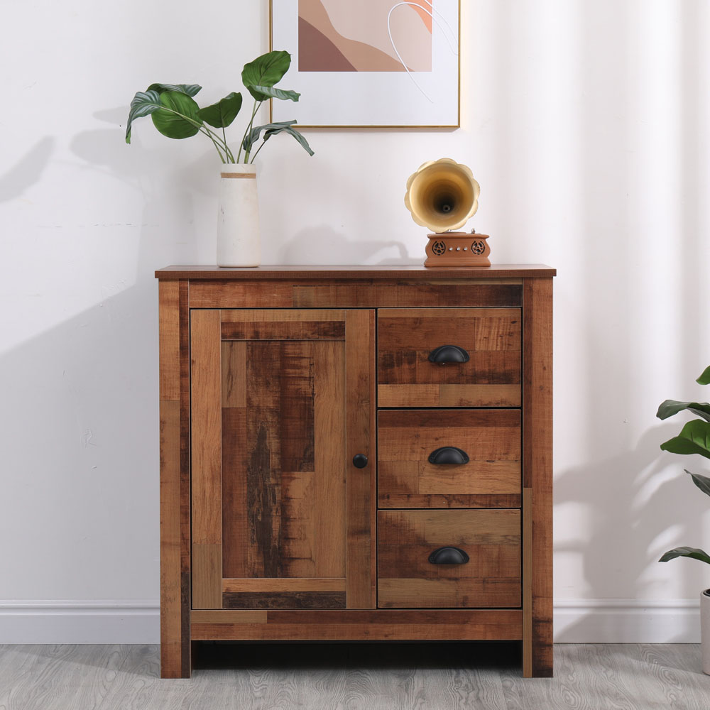 FurnitureHMD Single Door 3 Drawer Industrial Style Wooden Sideboard Image 9