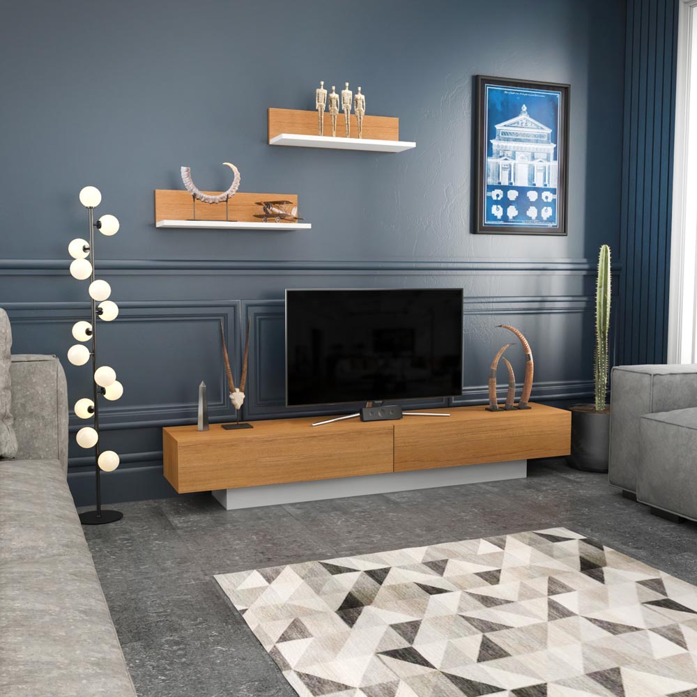 Decorotika Lusi 2 Door Single Shelf White and Teak TV Unit with 2 Wall Shelf Image 4