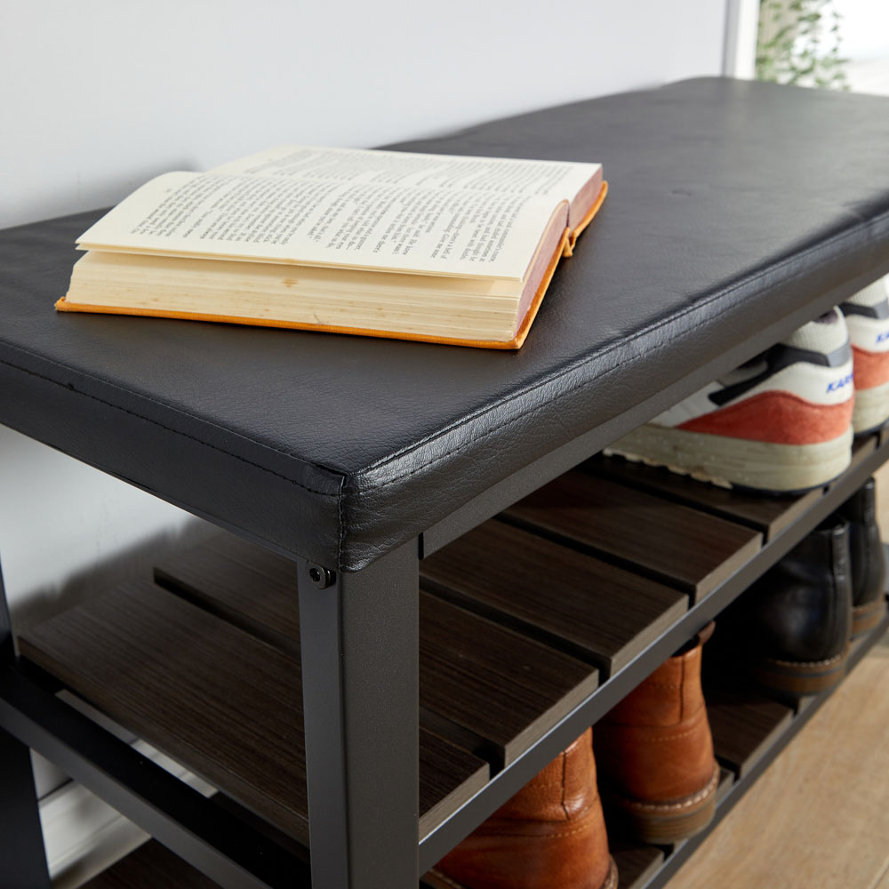 Home Source Spalding 2 Shelf Black PU Upholstered Metal Shoe Bench Image 3