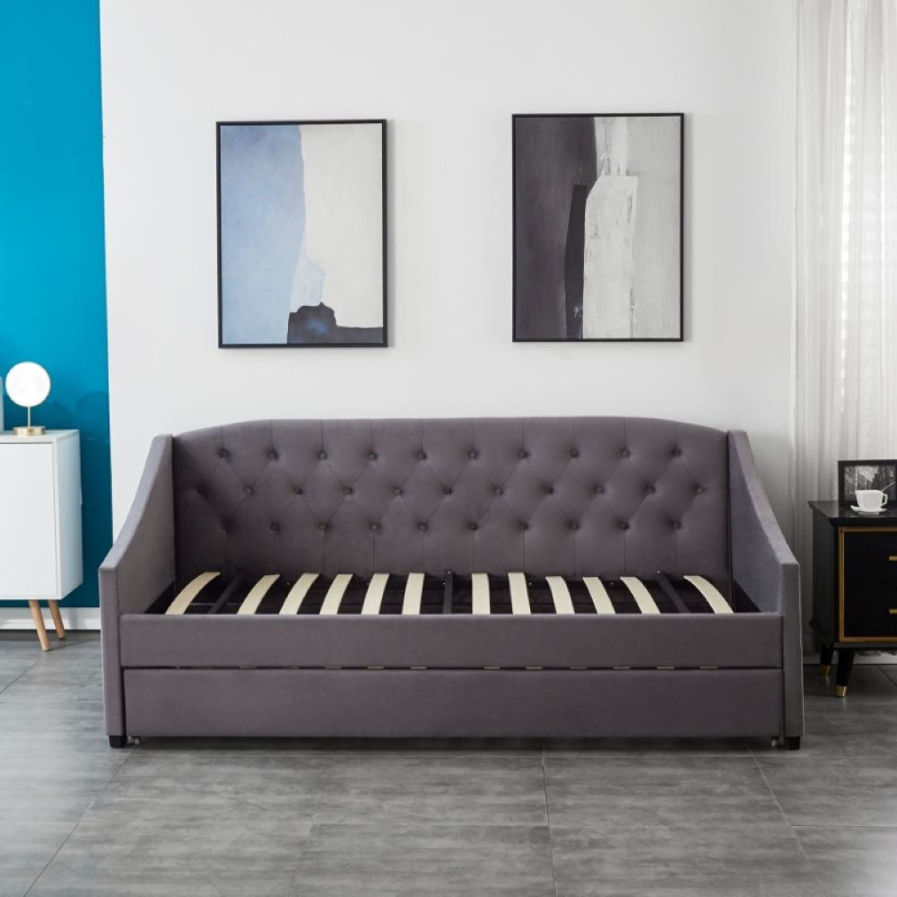 Portland Single Grey Velvet Tufted Day Bed with Trundle Image 4