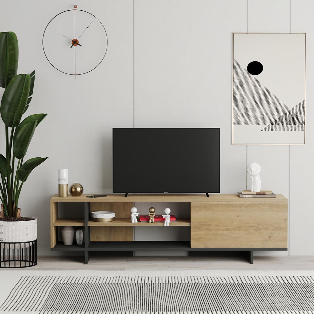 Decortie Stockton Single Door 4 Shelf Oak and Anthracite Grey TV Stand Image 3