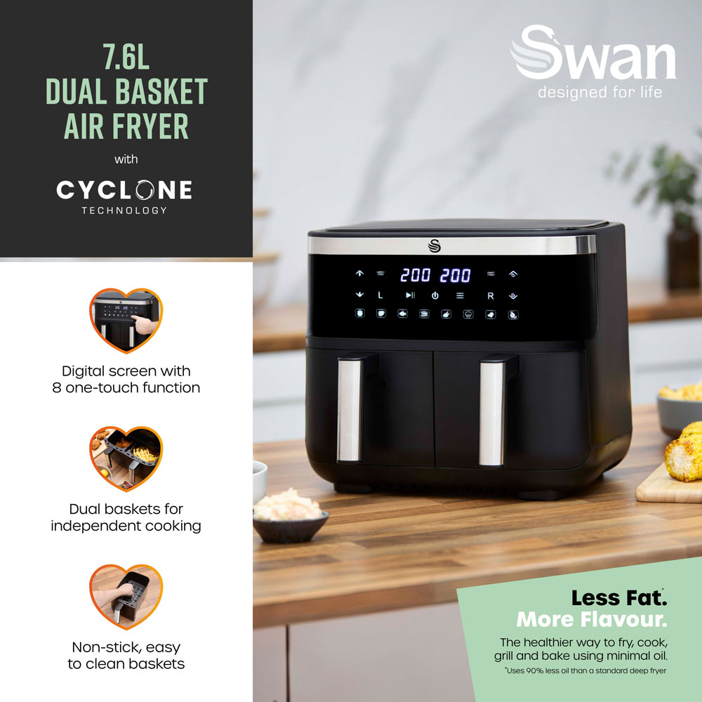 Swan SD10518BLK Black Cyclonic Dual Digital Air Fryer 7.6L Image 2