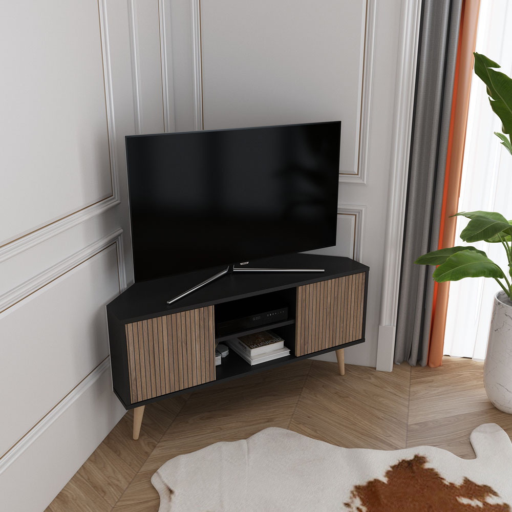Decorotika Lesson 2 Door 2 Shelf Black and Alina Corner TV Unit Image 3