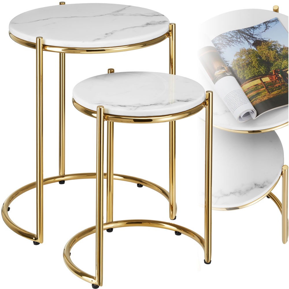 tectake Side Table Ellsa White and Gold Marble Top Side Table Set of 2 Image 2
