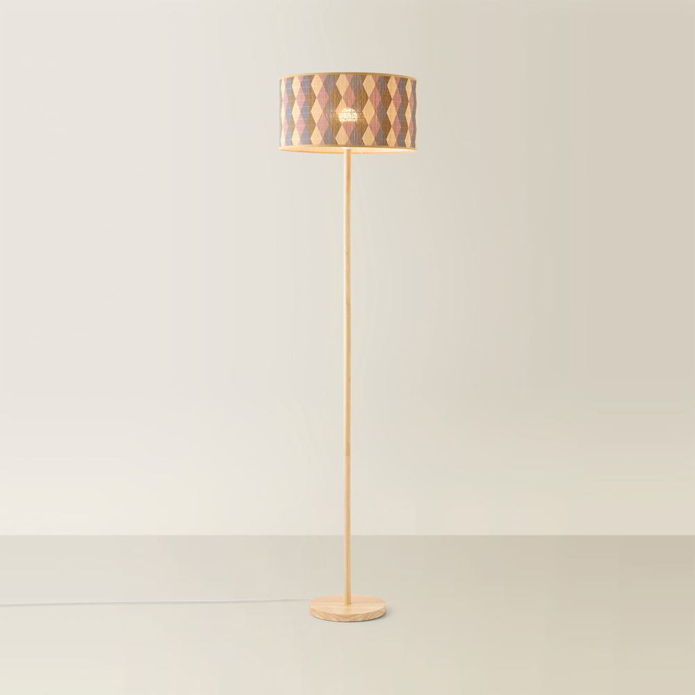 ValueLights Heather Diamond Print Bamboo Drum Shade Light Wood Stem Floor Lamp with Bulb Image 3