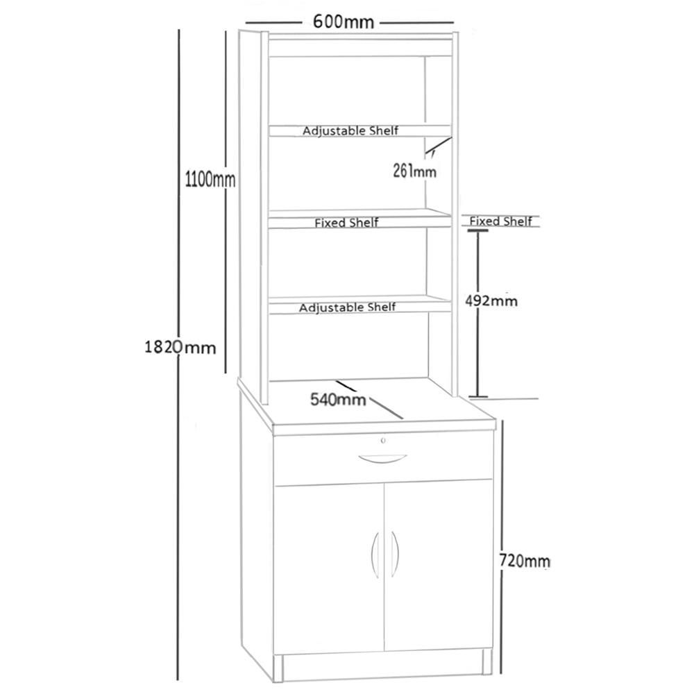 R White Cabinets 2 Door Single Drawer 4 Shelf White Cupboard with Hutch Image 5