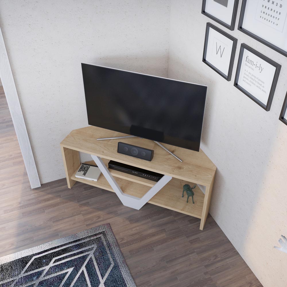 Decorotika Karin 2 Sheld Oak and White Modern Corner TV Unit Image 4