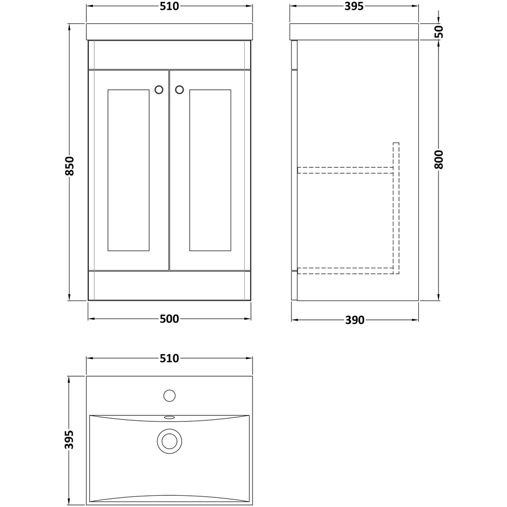 nuie Classique 2 Door Soft Black Floor Standing Unit and Thin-Edge Ceramic Basin 500mm Image 3