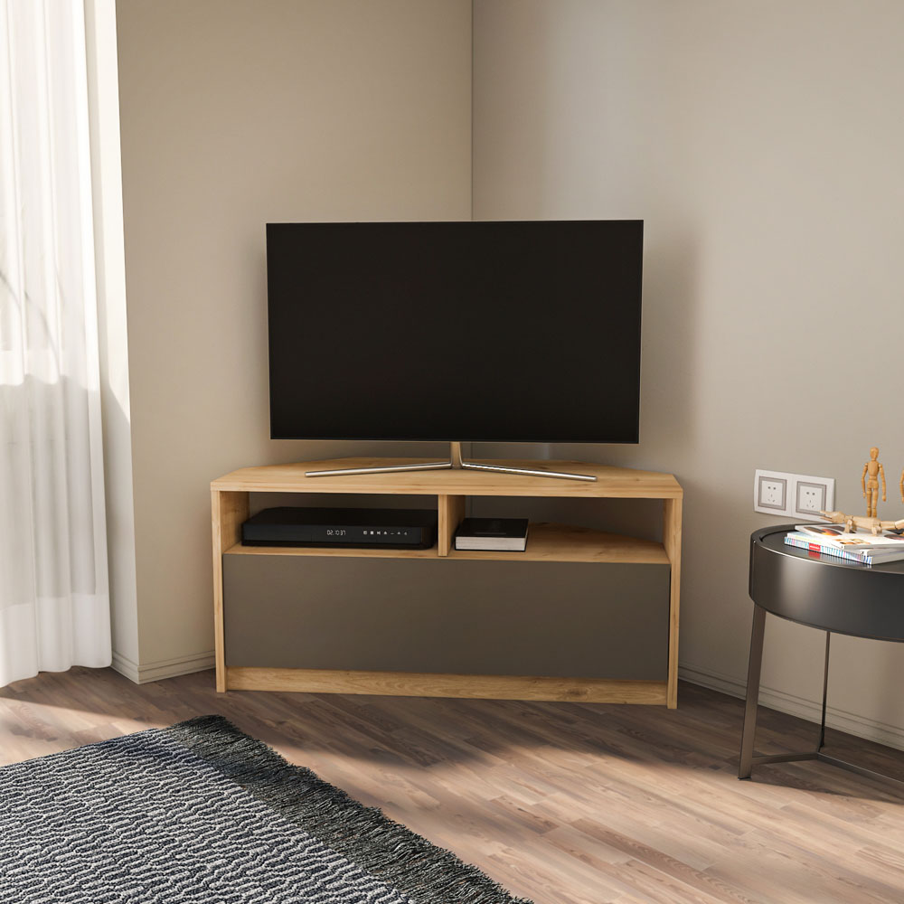 Decorotika Comero Single Door 2 Shelf Sapphire and Oak Corner TV Unit Image 7