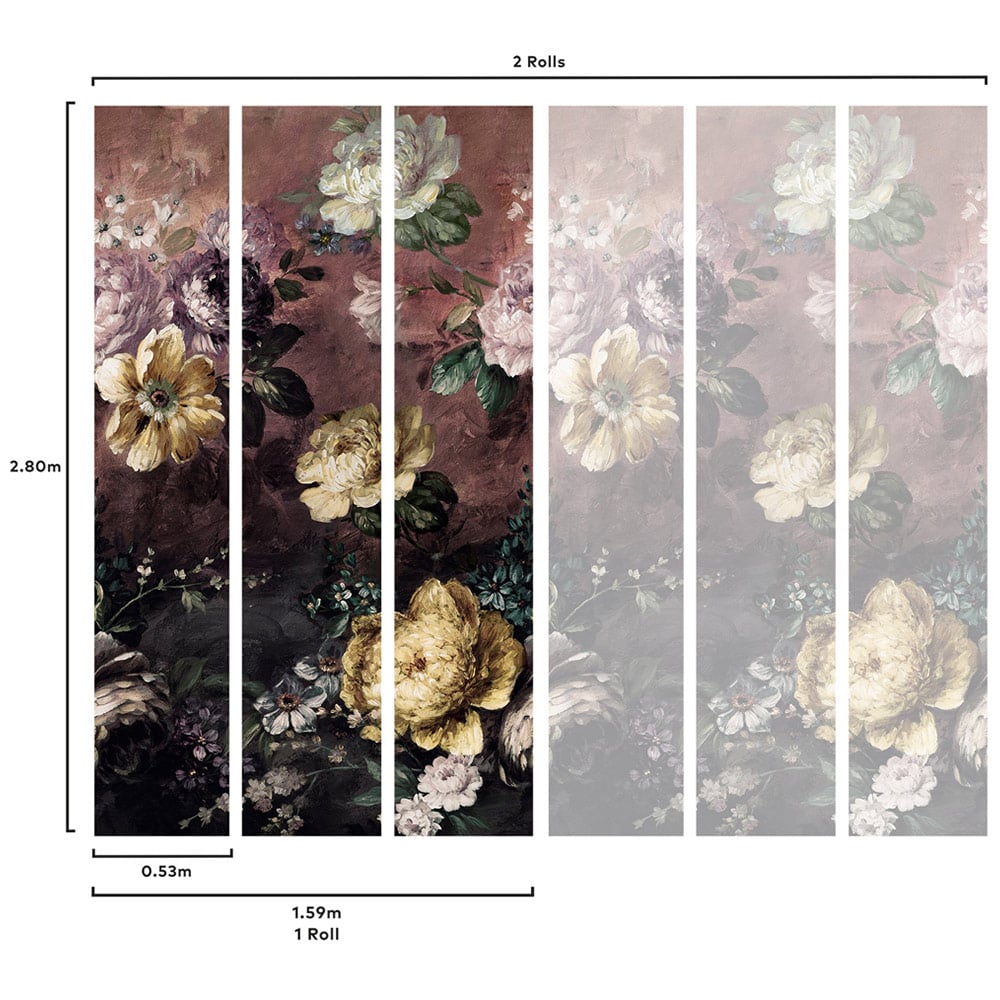 Grandeco Painted Flowers Burgundy 3 Lane Wall Mural Image 5