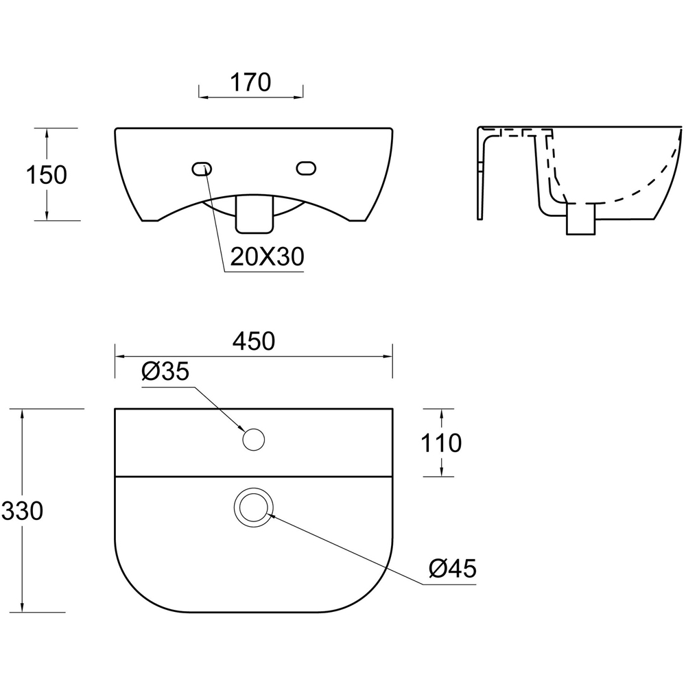 Bathstore Algarve Single Tap Hole White Vitreous China Cloakroom Basin with Brass Trap 450 x 320mm Image 3