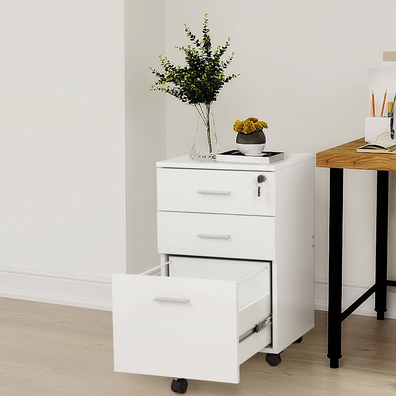 3 Drawer Wooden Filing Cabinet - White Image 2