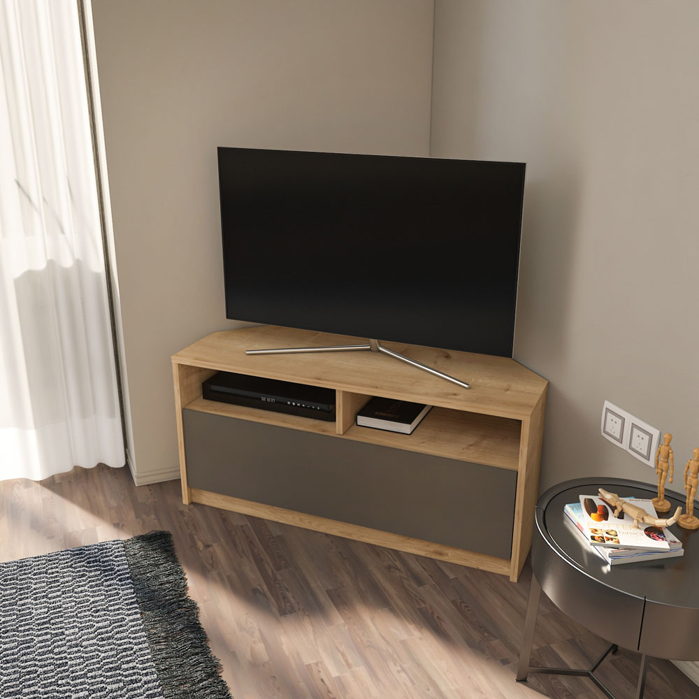 Decorotika Comero Single Door 2 Shelf Sapphire and Oak Corner TV Unit Image 6