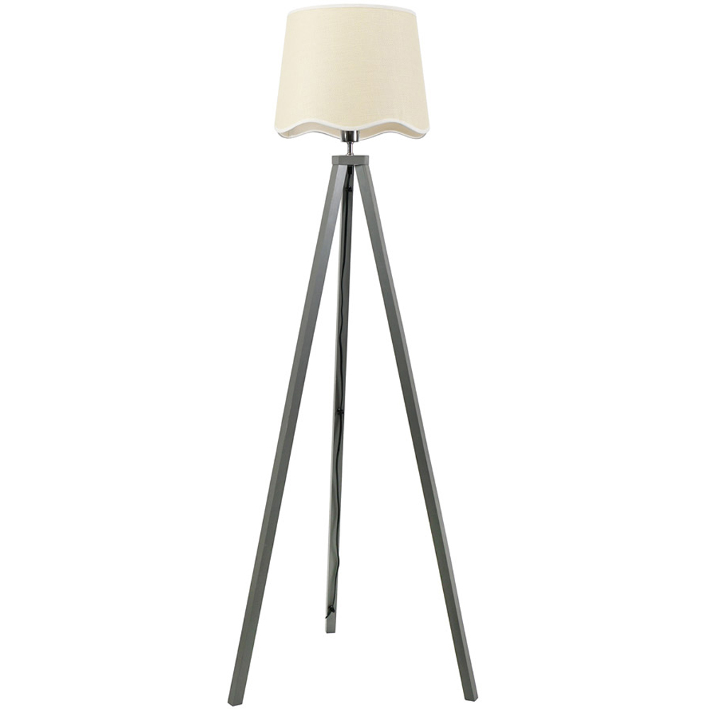 ValueLights Barbro Natural Linen Scallop White Edge Shade Grey Wood Tripod LED Floor Lamp Image 1