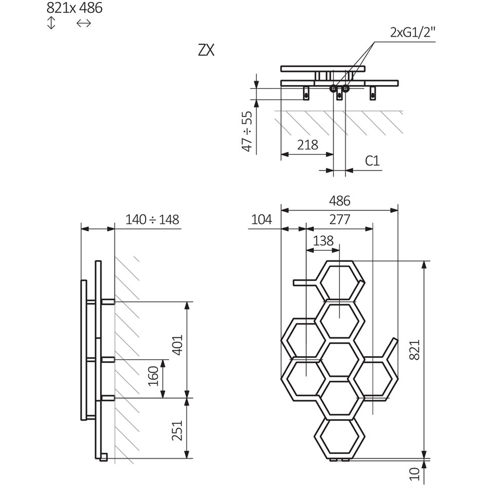 Terma Hex 846 BTU Brass Radiator 821 x 486mm Image 6
