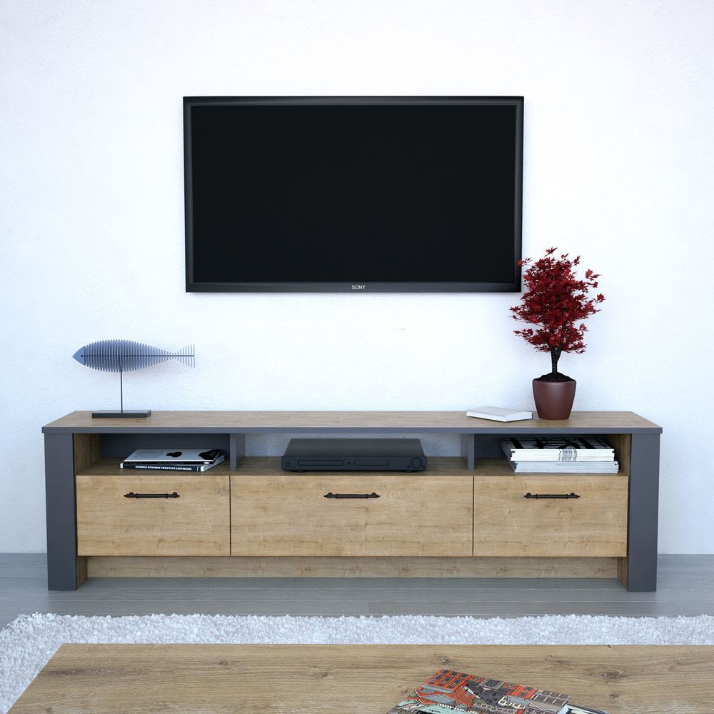 Decorotika Manhattan 3 Door 3 Shelf Sapphire Oak and Dark Grey TV Unit Image 7