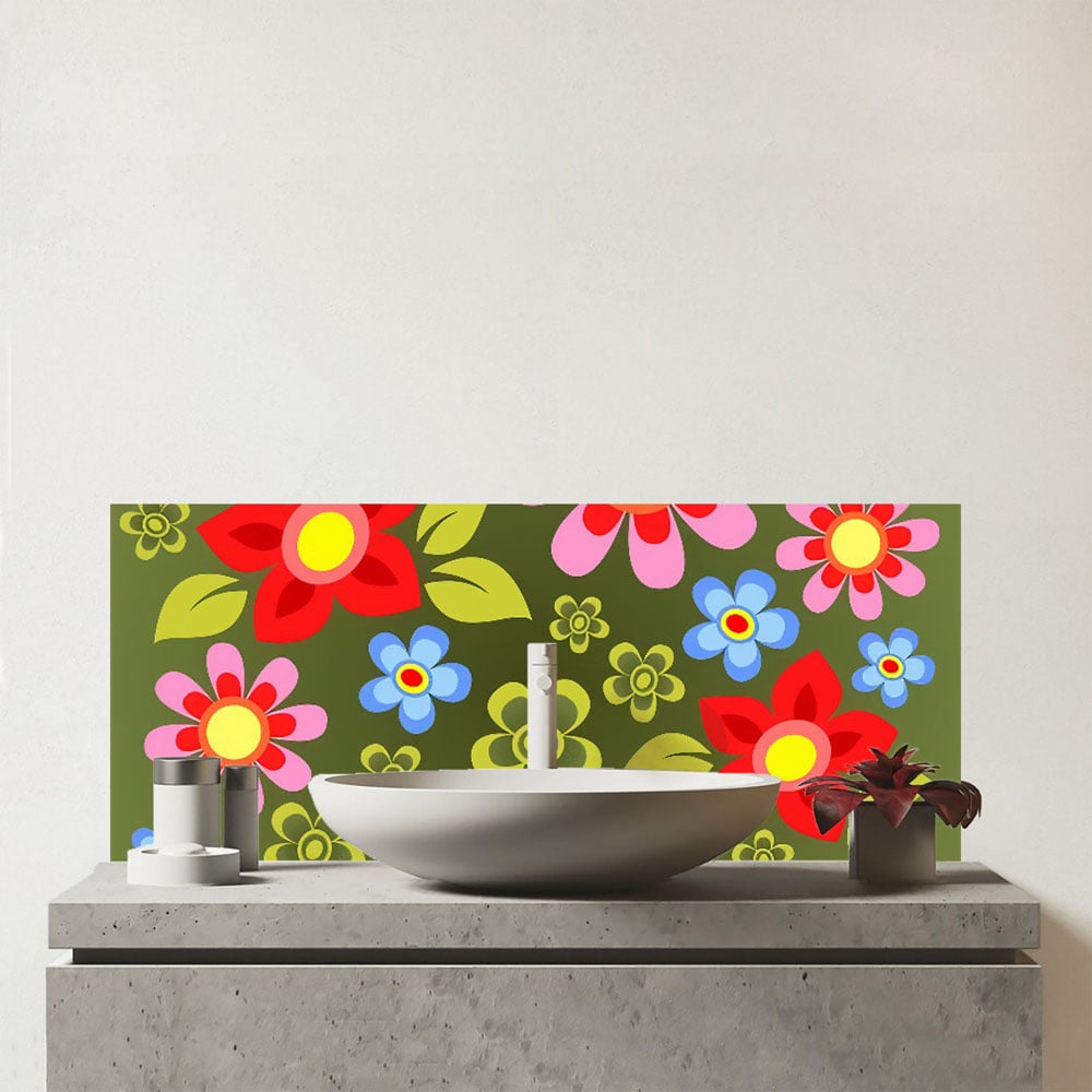 Warren Reed Designer Red and Blue Flowers Glass Bathroom Splashback 25 x 60cm Image 1