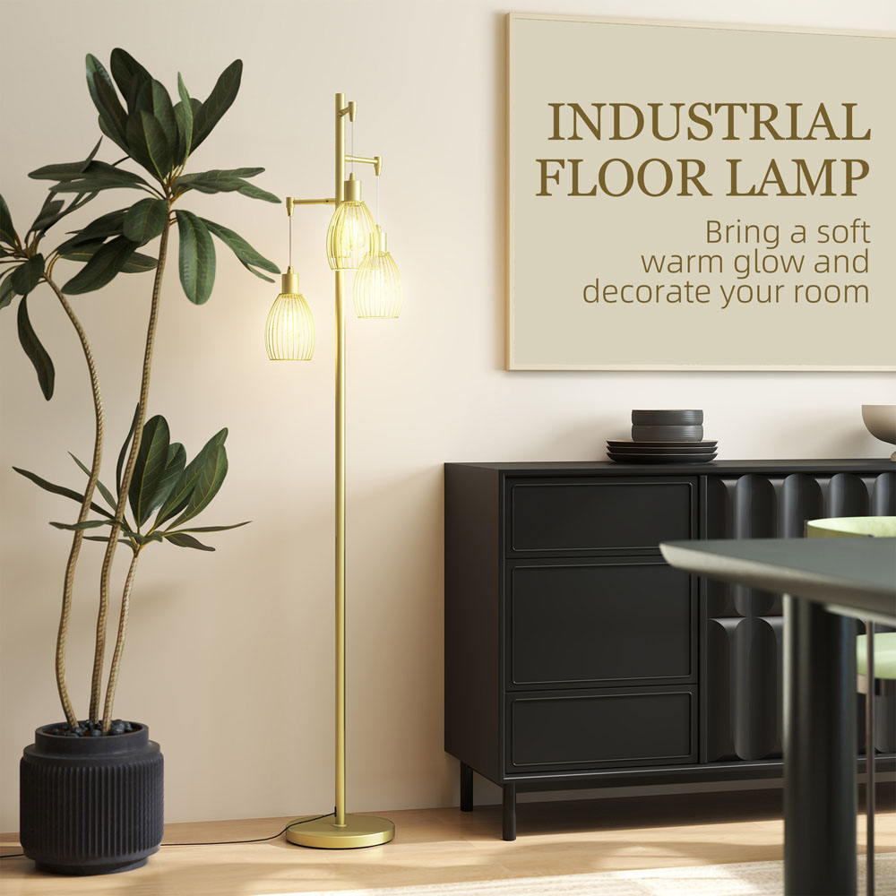 Portland Industrial Gold Tone 3 Light Dimmable Floor Lamp Image 5