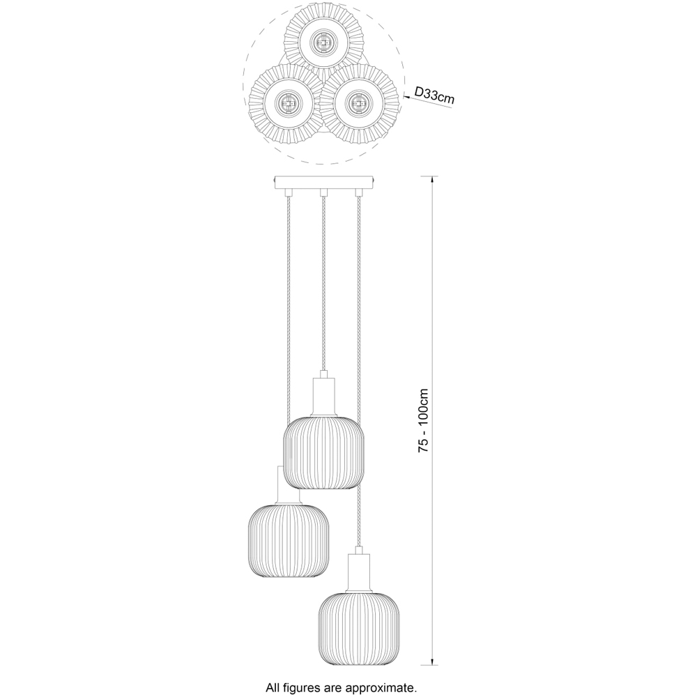 Cosylyte Maple Brushed Brass Ribbed Glass 3 Light Cluster Pendant Light Image 8