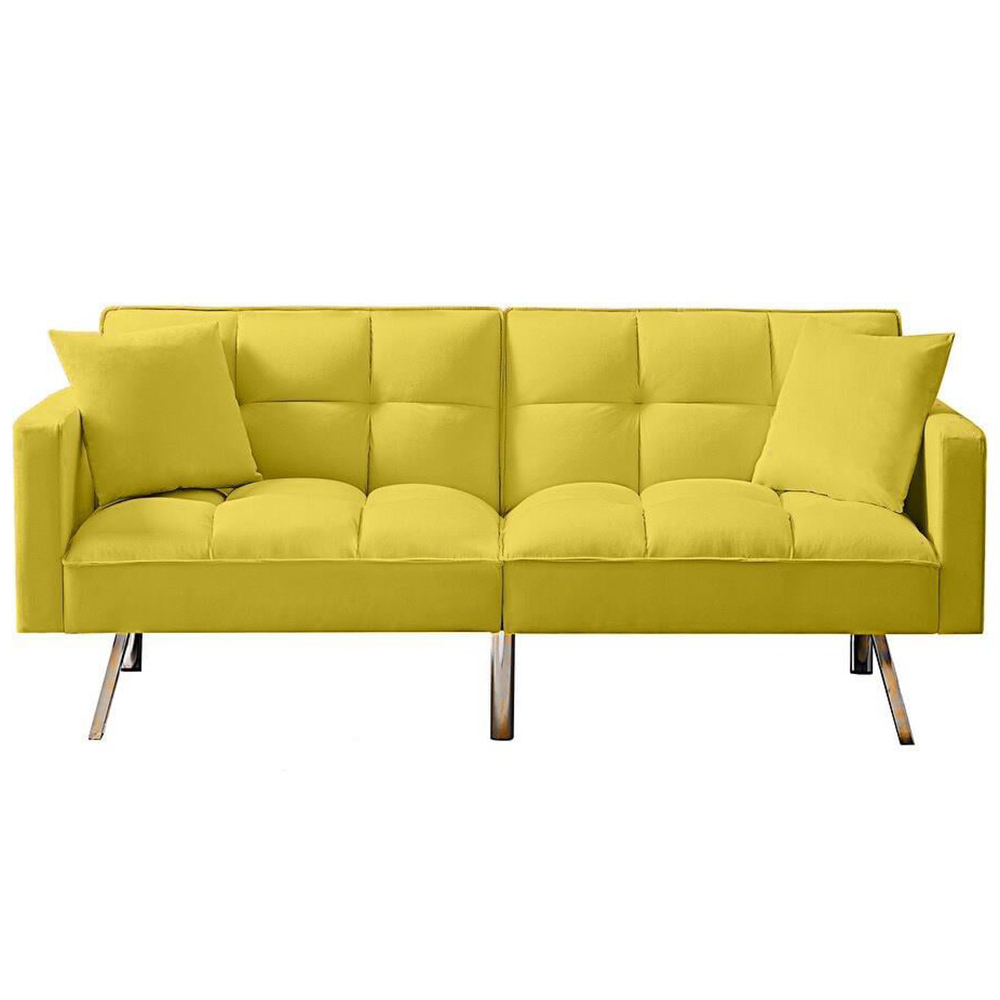 Portland 2 Seater Yellow Velvet Sofa Bed with Pillows Image 7