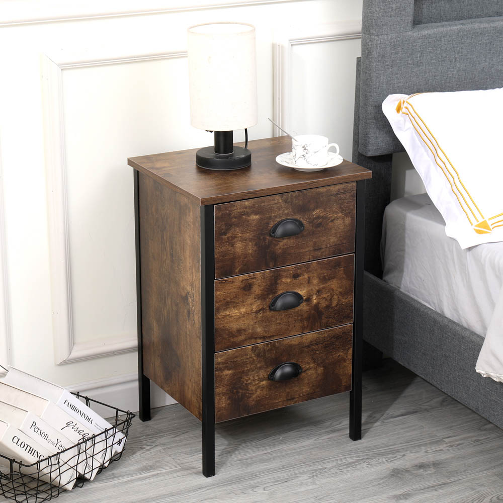 FurnitureHMD 3 Drawer Brown and Black Industrial Wooden Nightstand Set of 2 Image 8