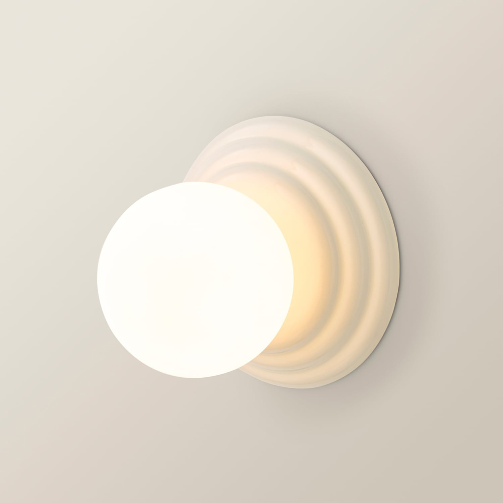 ValueLights Rue Frosted Glass Shade Cream Ribbed Ceramic Base Flush Wall Light with Bulb Image 3