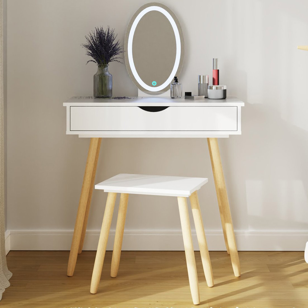 GFW Signy Single Drawer White Dressing Table Set with LED Mirror Image 1