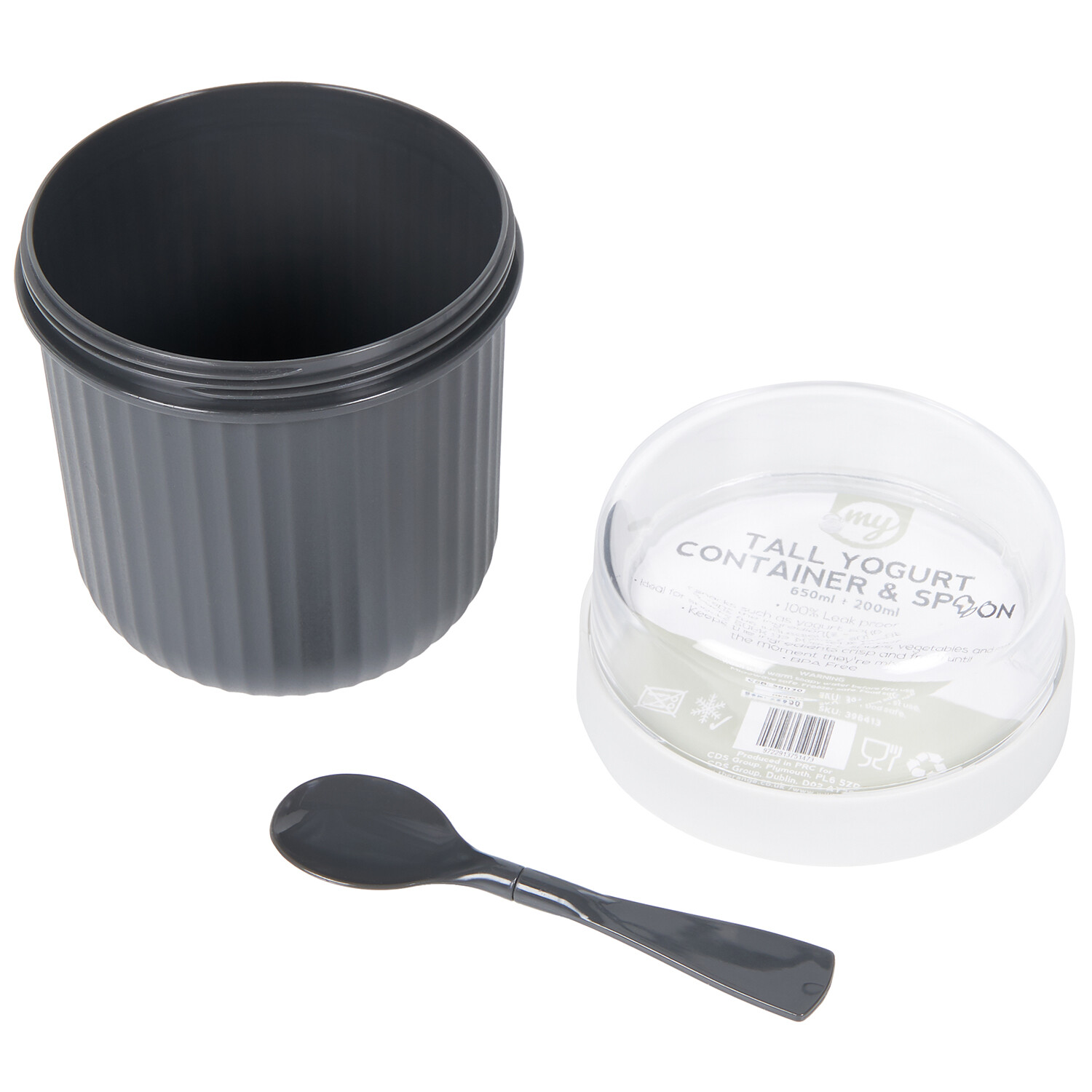 Tall Yoghurt Container and Spoon Black and White Image 1
