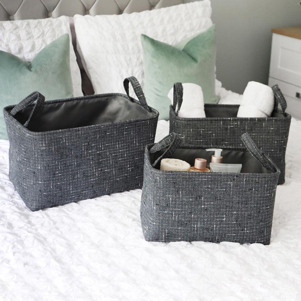 JVL Shadow Rectangular Fabric Storage Baskets with Handles 3 Pack Image 2