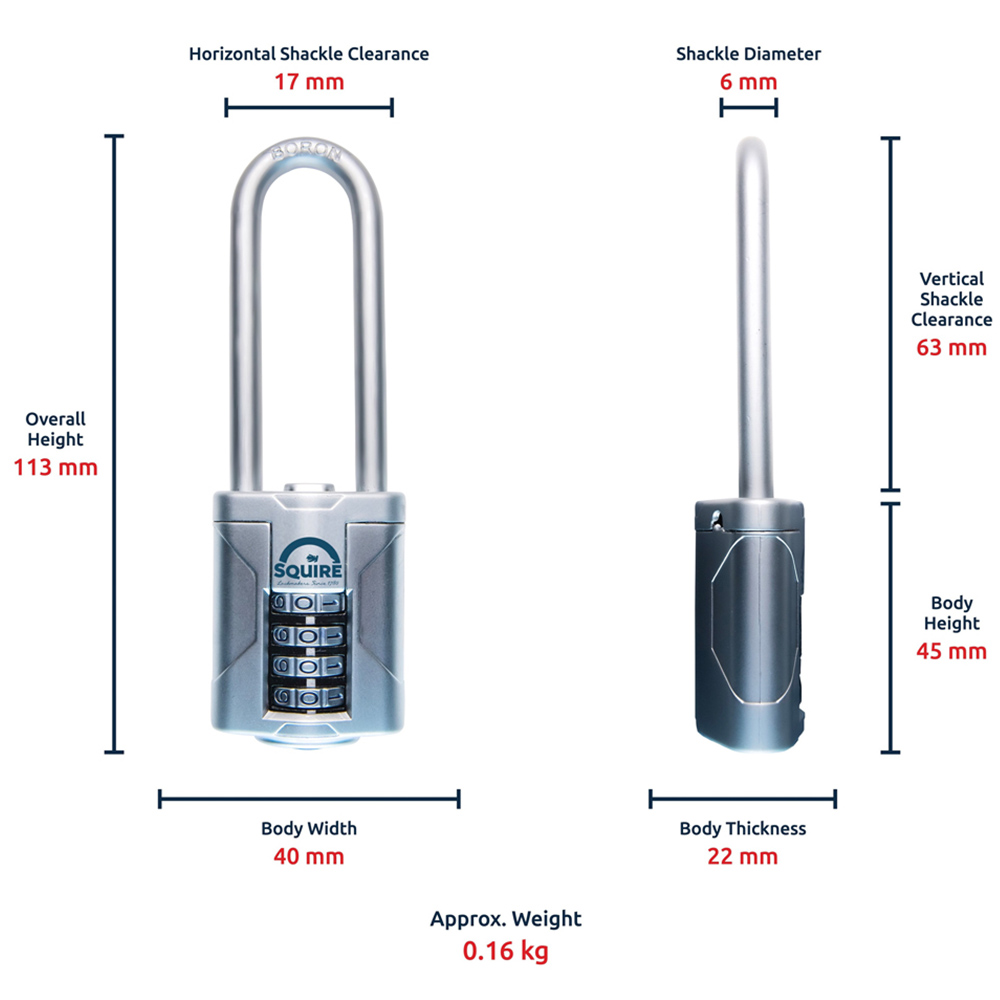 Squire 40mm 4 Wheel Combination Extra Long Boron Shackle Padlock Image 6