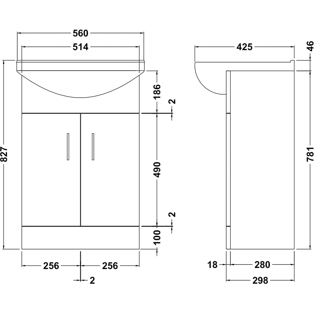 nuie Mayford 2 Door Gloss White Floor Standing Vanity Unit with Square Ceramic Basin 550mm Image 2