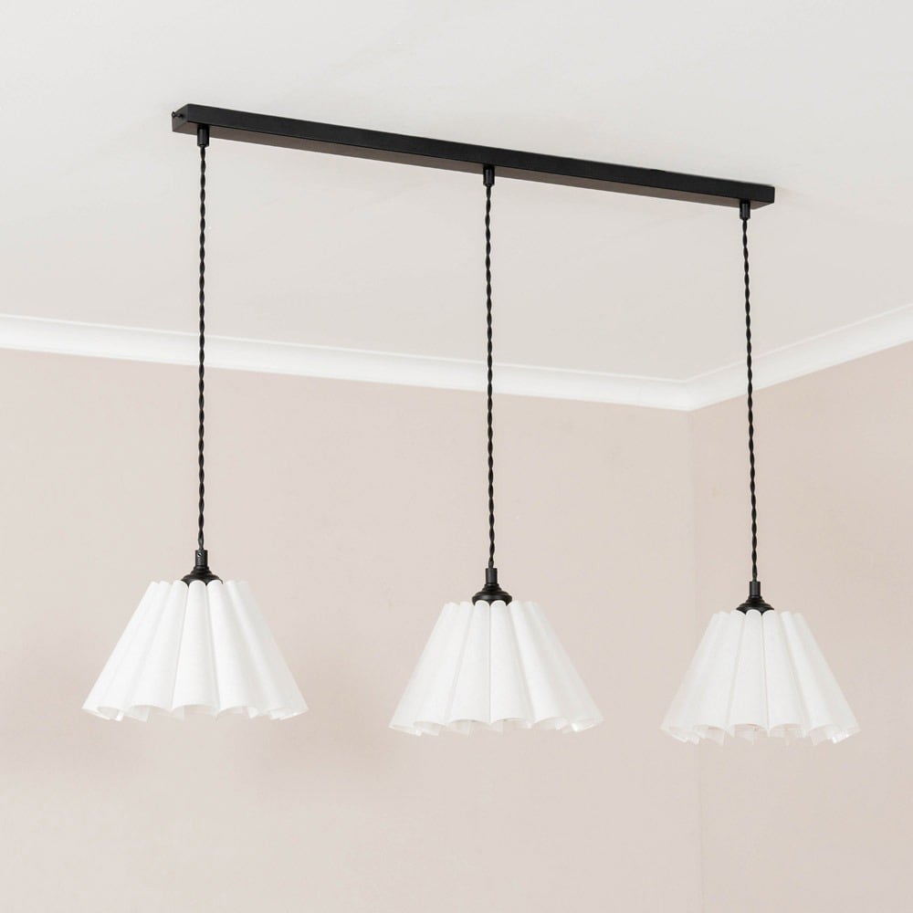 ValueLights Lauren White Pleat 3 Drop Bar Matte Black Diner LED Ceiling Pendant Light Image 3