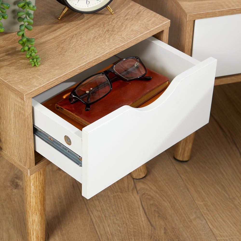 Home Source Boden Single Drawer Oak and White Bedside Table Set of 2 Image 5